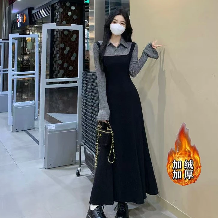 学院风黑色衬衫领长袖假两件连衣裙子女秋冬polo领假两件长裙1655