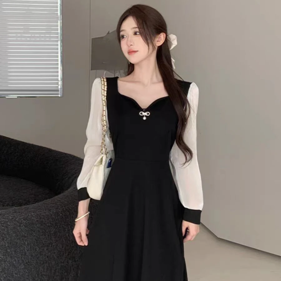 （现货）赫本风法式温柔方领连衣裙假两件胖mm收腰显瘦a字裙女1438