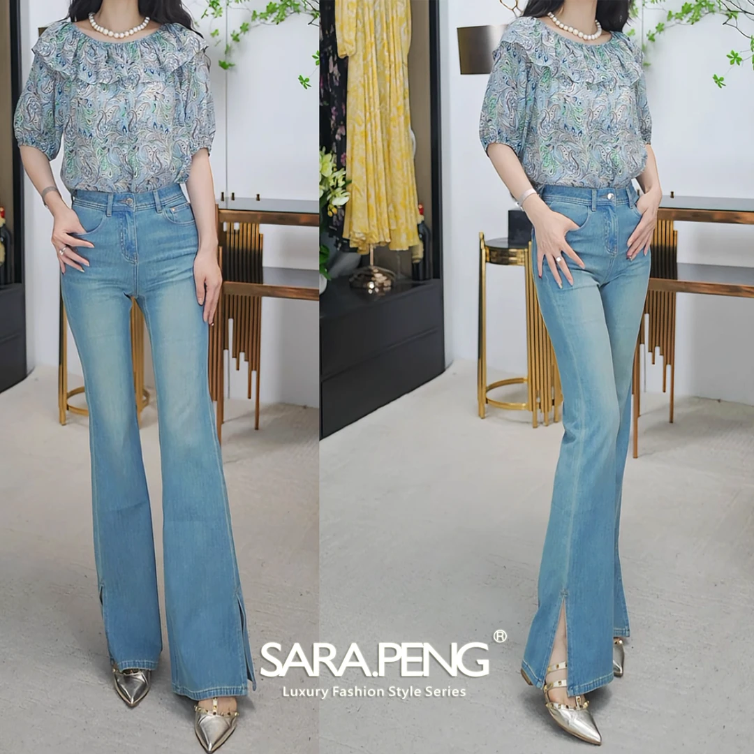 S.P美轮美奂/气质款开衩喇叭裤显瘦高腰碎花修身弹力体闲牛仔裤