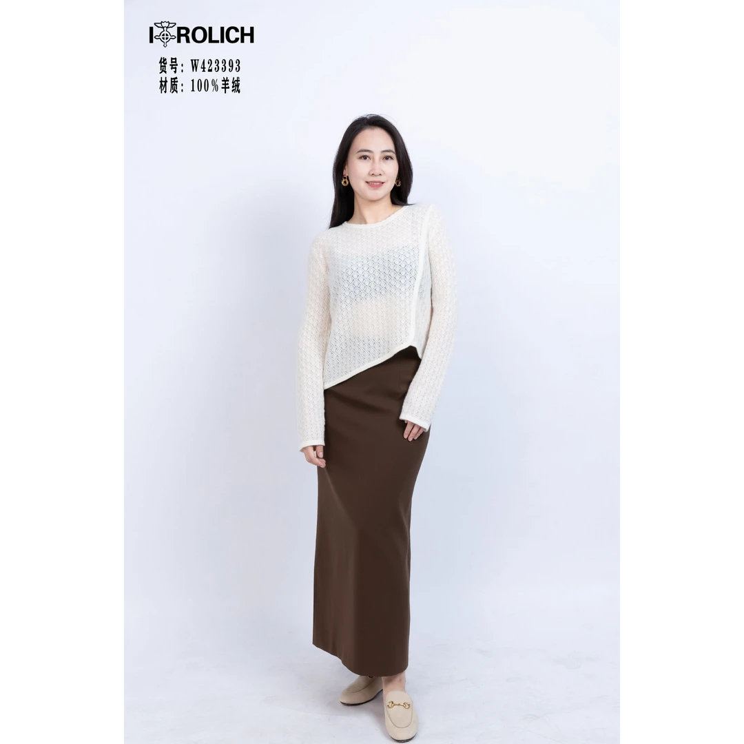 ROLICH融丽婵女装2024秋冬新款羊绒镂空高雅圆领针织套衫