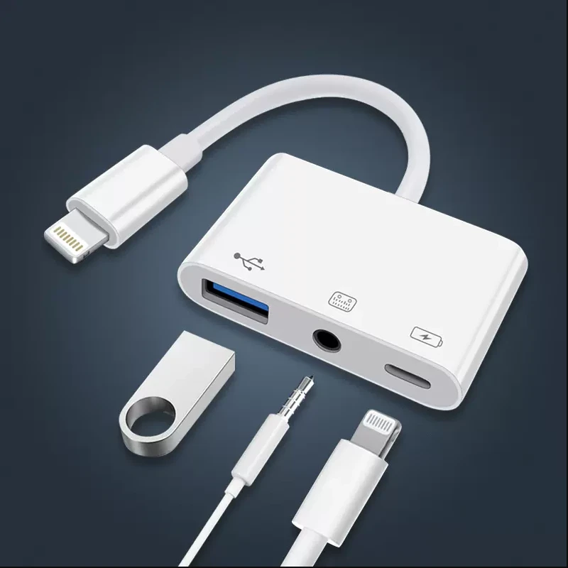 适用苹果lightning手机连接3.5mm声卡USB接口耳机听歌充电转接器