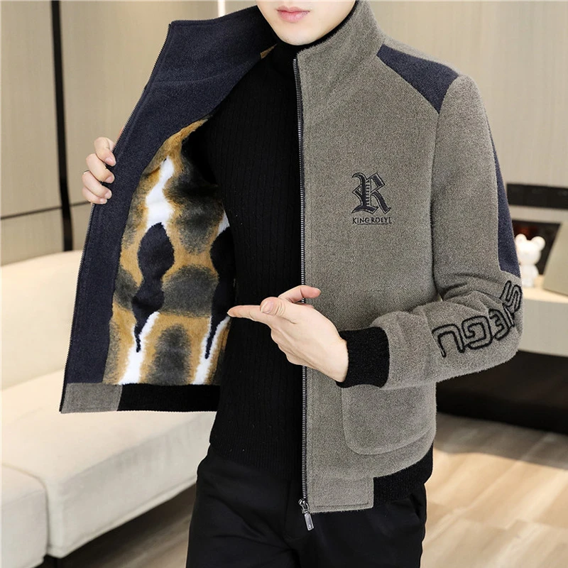秋冬款夹克男韩版修身条纹帅气立领毛呢子大衣休闲加厚加绒棉外套