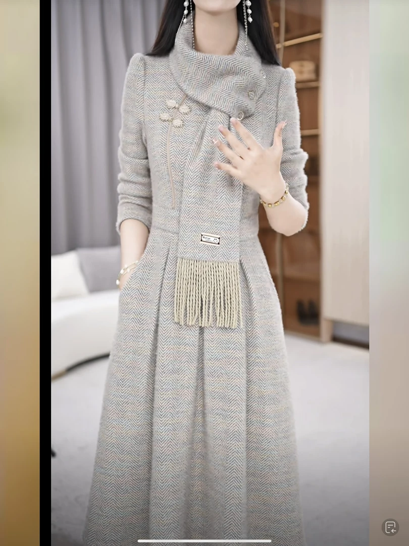 【连衣裙】秋冬季围巾领洋气收腰显瘦减龄中长款女装连衣裙M-4XL