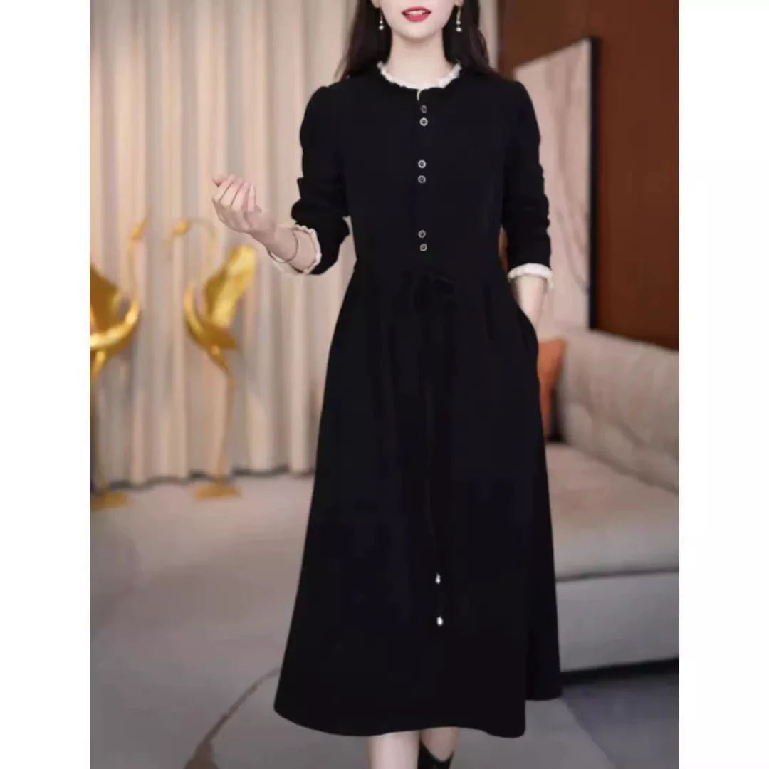 气质收腰显瘦黑色修身裙女2024秋冬新款妈妈时尚洋气加厚打底裙子