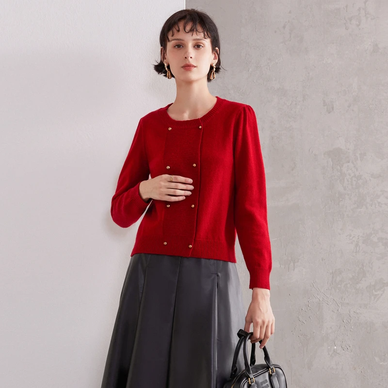 设计感罗纹圆领含羊毛女士针织衫秋冬本命年红色百搭