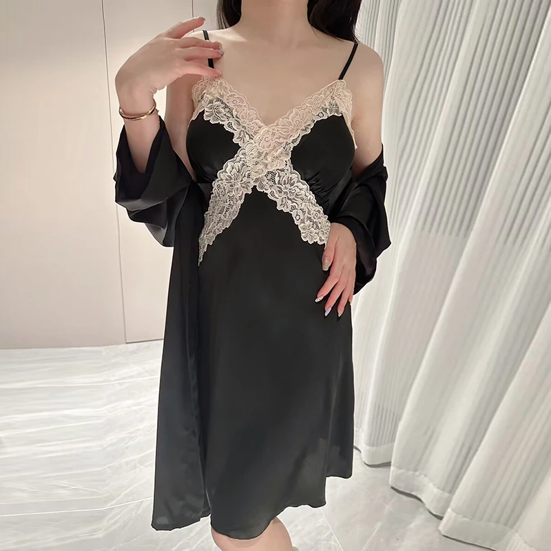 【陌上开花】性感睡衣女夏季新款冰丝纯欲蕾丝吊带睡裙情调带胸垫
