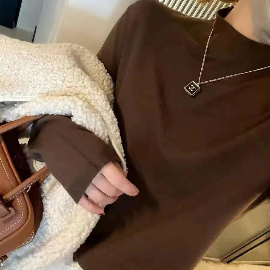 秋冬新款半高领毛绒打底衫女2024新款加厚内搭遮肚子女士上衣