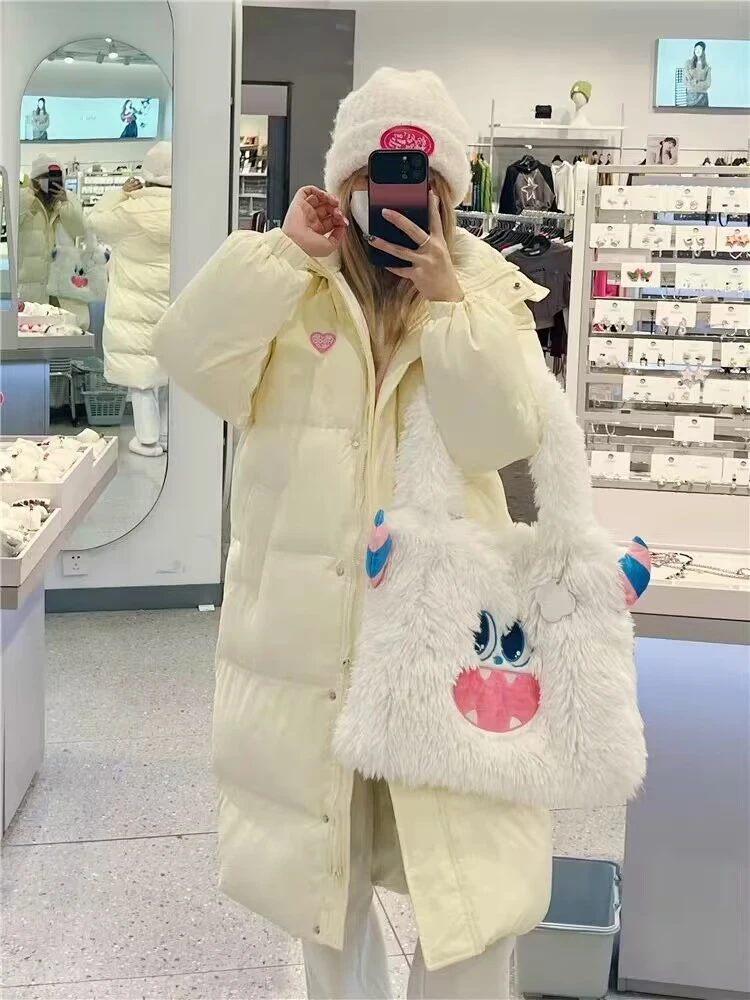 黑色经典爱心小个子加厚长款过膝棉衣女可拆卸帽学生甜美学院风潮