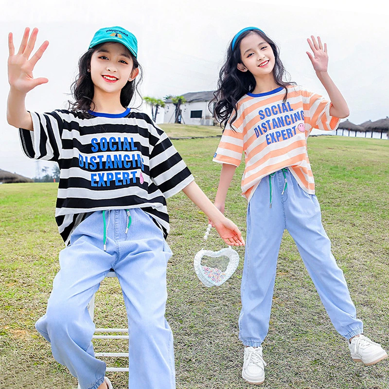 女童条纹短袖套装2025新款夏装中大童女孩运动长裤儿童夏季两件套