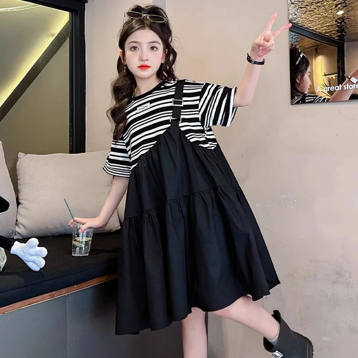 女童连衣裙2025新款夏装中大童洋气时髦裙子宽松条纹假两件背带裙