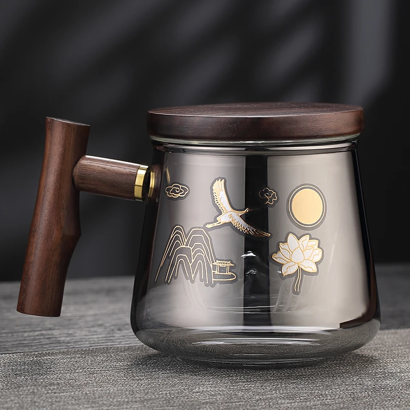 冠发烟灰色玻璃杯过滤家用带盖带木把茶水分离泡茶杯子花茶杯水杯