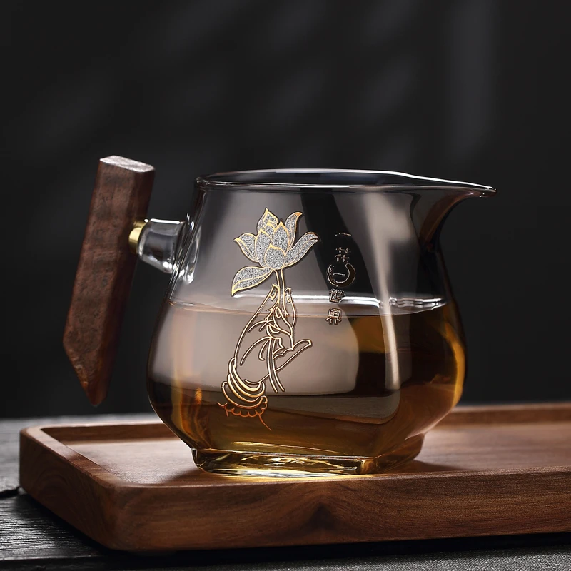 冠发烟灰色木把公道杯加厚耐热玻璃四方倒茶杯茶海分茶器功夫茶具