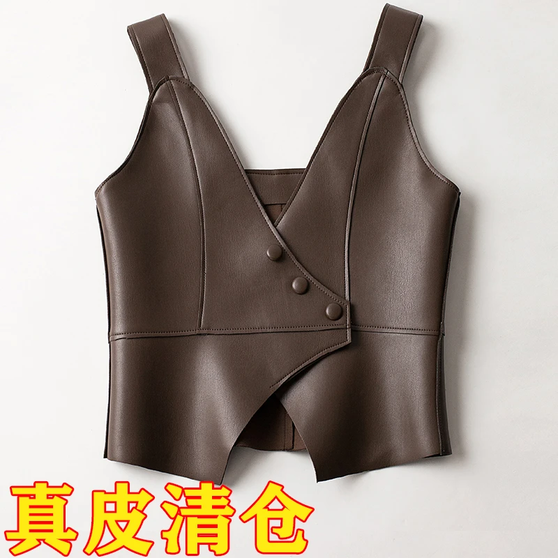 2025秋冬新款海宁真皮皮衣女士气质背心外搭显瘦无袖扣坎肩皮马甲
