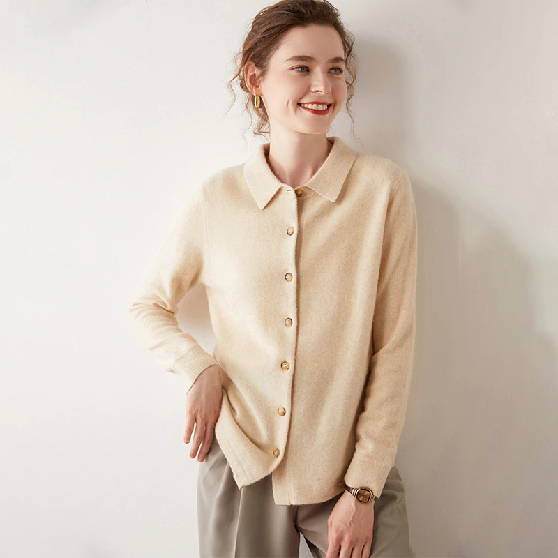 POLO领纯羊毛衫女秋季新款宽松长袖开衫气质保暖针织衬衫外套