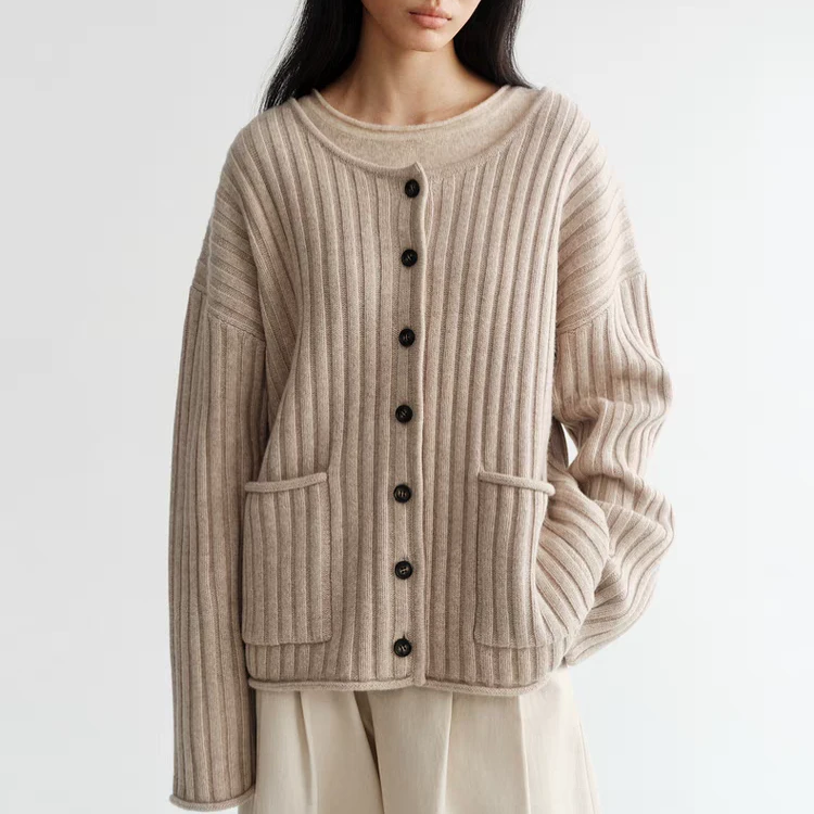 100%羊毛外套秋冬新款坑条肌理针织开衫女