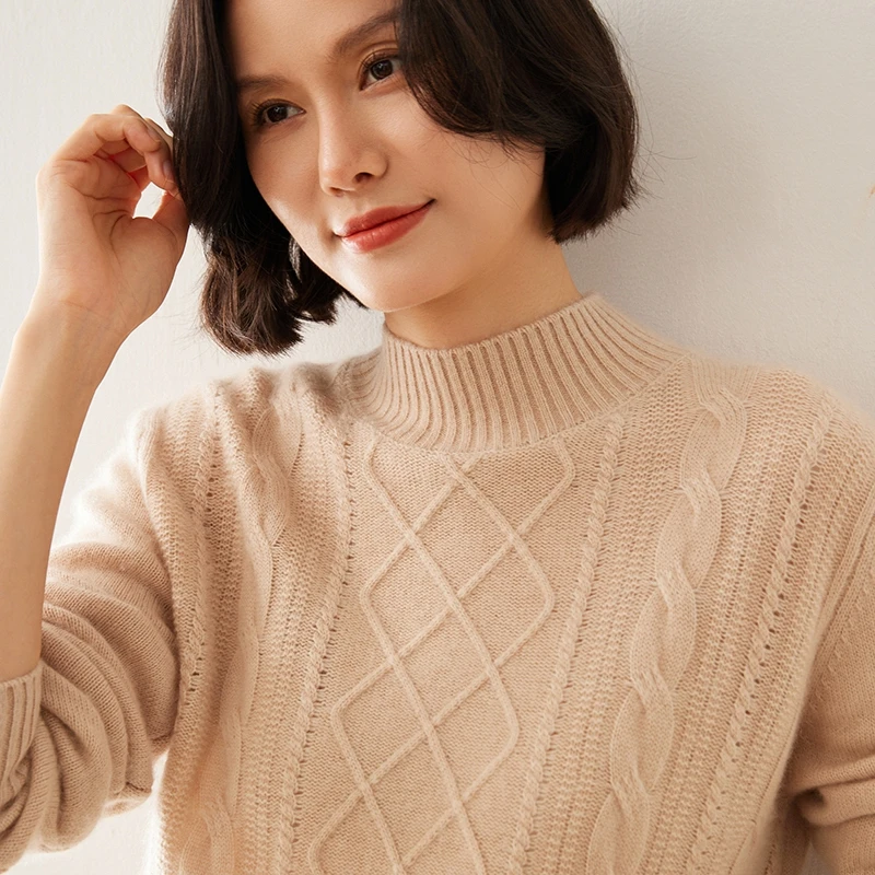 冬季羊绒衫长袖半高领复古提花毛衣女宽松显瘦羊毛针织打底衫上衣