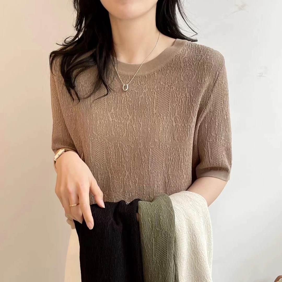 天丝莱赛尔亚麻#针织套头圆领重工雕花上衣女 贴身柔软清仓了