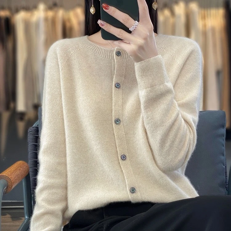 必入100%纯羊毛 桂花针无缝开衫 针织外搭外套 一线成衣