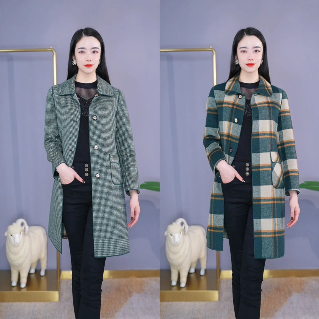 MLYGT【直播专享】长款绿色双面双穿手工羊毛大码大衣秋冬洋气女FL