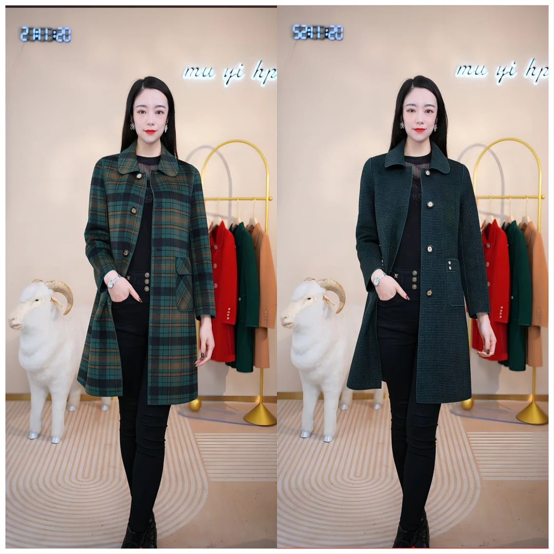 MLYGT【直播专享】长款绿色双面穿手工羊毛大码大衣秋冬洋气女