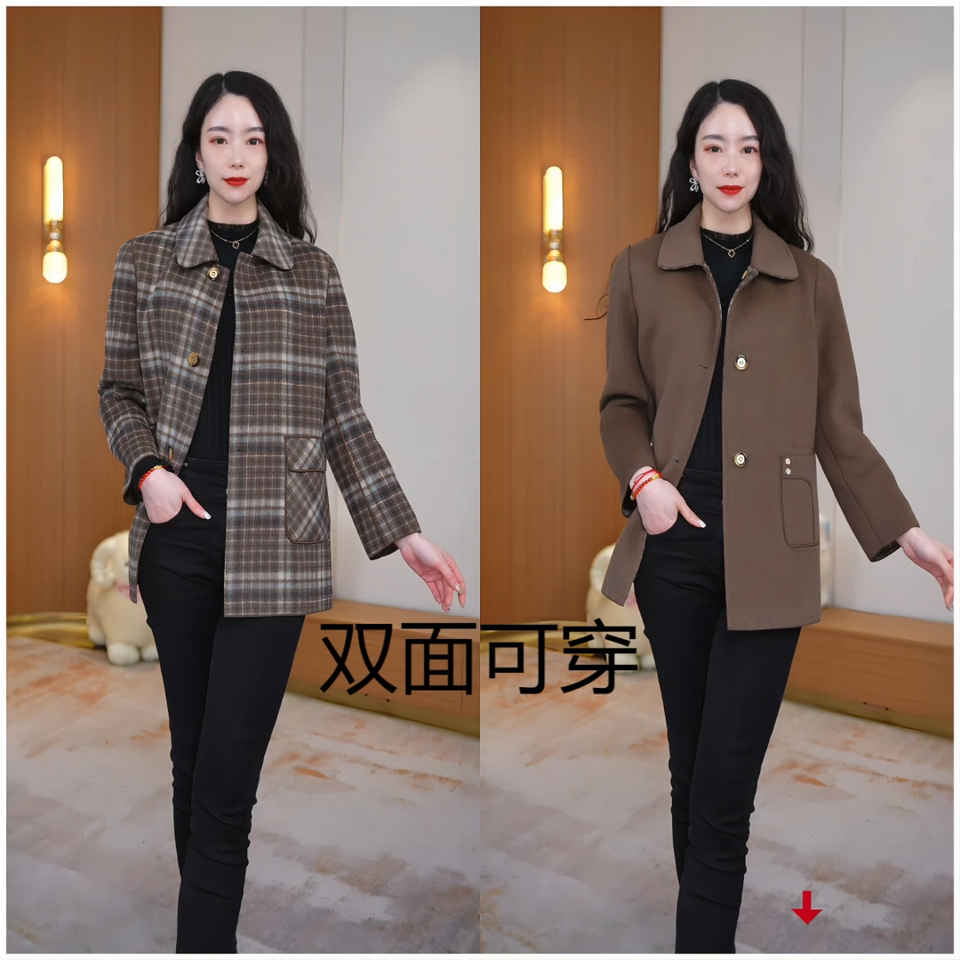 MLYGT【直播专享】短款棕色双面双穿手工羊毛大码大衣秋冬洋气女