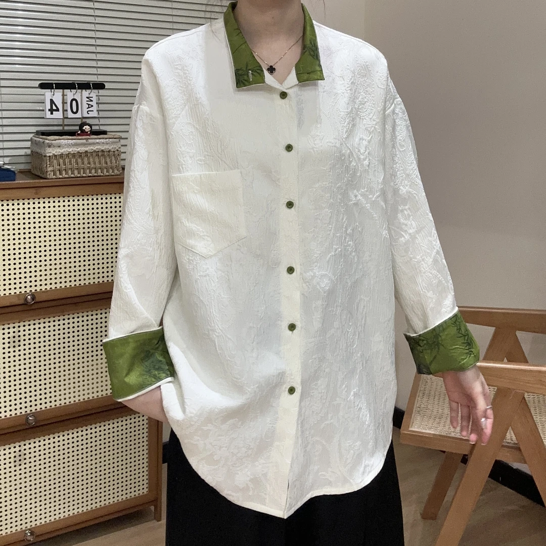 UpSd-重磅炸 【TheGreen】 长袖时尚休闲百搭复古宽松立领中式衬衫