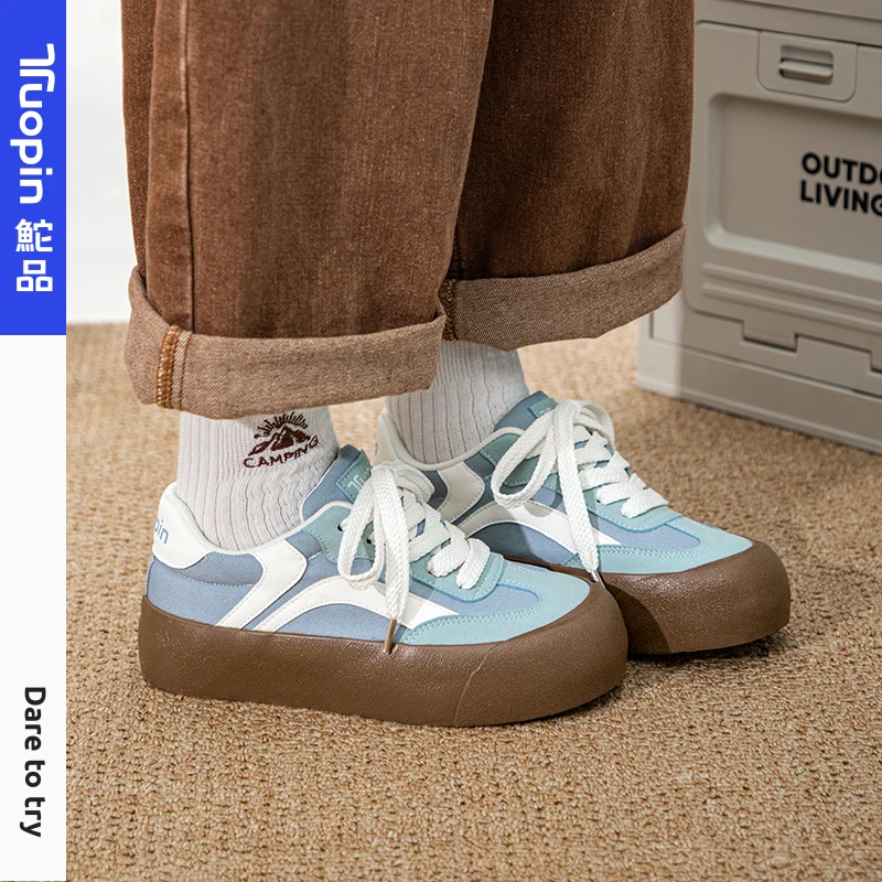 鮀品蓝色德训鞋女款运动鞋子女休闲鞋复古板鞋女鞋厚底小白帆布鞋