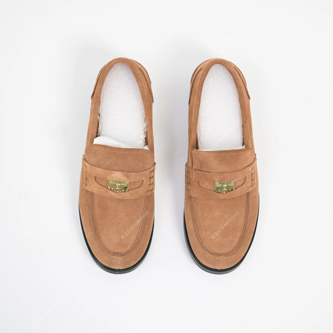 塞林头层翻毛牛皮麂皮复古便士乐福鞋女士粗跟圆头小皮鞋MS249041