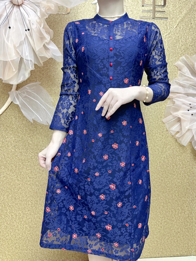 S 850 # 修身显瘦高档时尚轻奢女装流行刺绣花纹妈妈装连衣裙