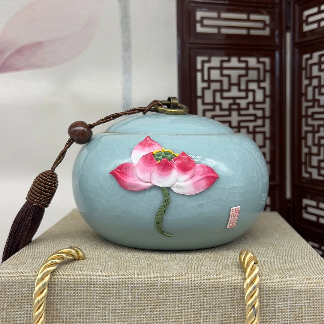 粉荷花瓯塑油泥塑工艺陶瓷茶叶储存罐温州非遗工艺文化传承小圆罐