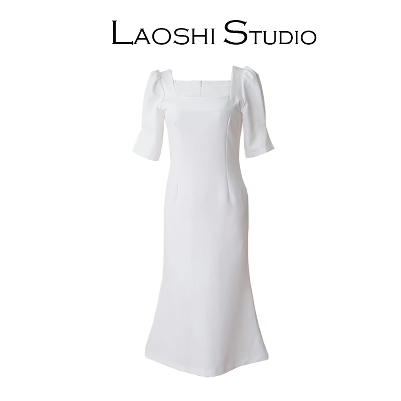 老SHI工厂店法式复古方领鱼尾连衣裙短袖修身小白裙领证仙