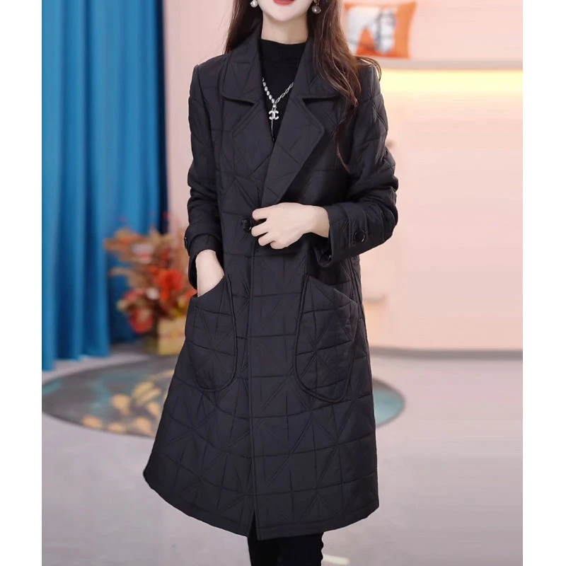 高档时尚气质修身风衣女2024冬季新款显瘦中长款菱格加厚保暖棉服