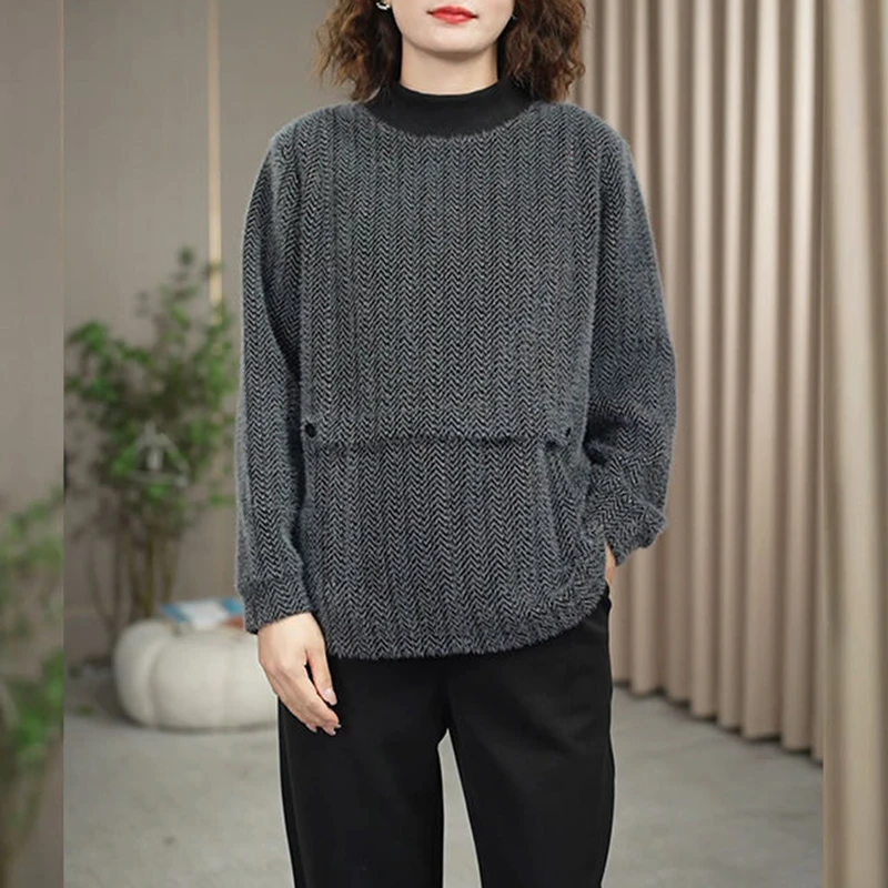 高质量珍珠绒上衣女2024冬季新款加厚时尚休闲宽松显瘦套头打底衫