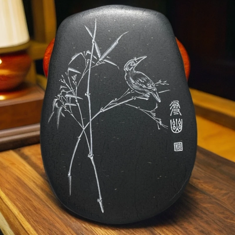 老坑眉子眉纹仿古蝉形歙砚小楷中字书法砚台11/7.8/1.4厘米香樟木