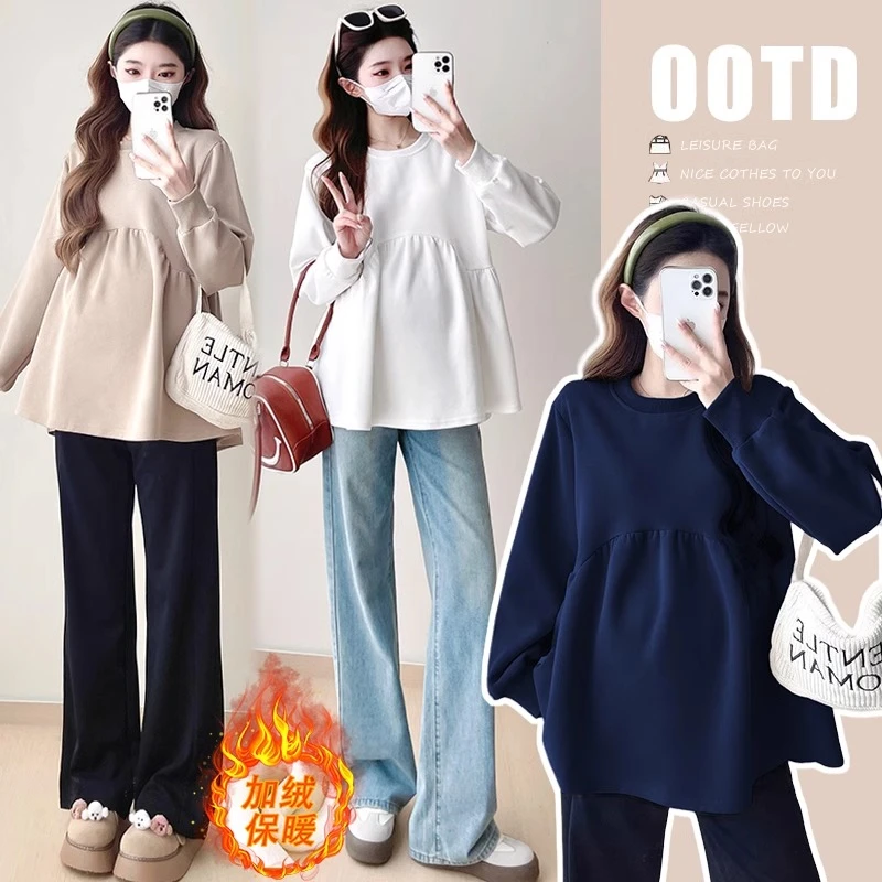 孕妇装秋冬上衣2024新款韩版时尚减龄加绒加厚百搭宽松卫衣娃娃衫