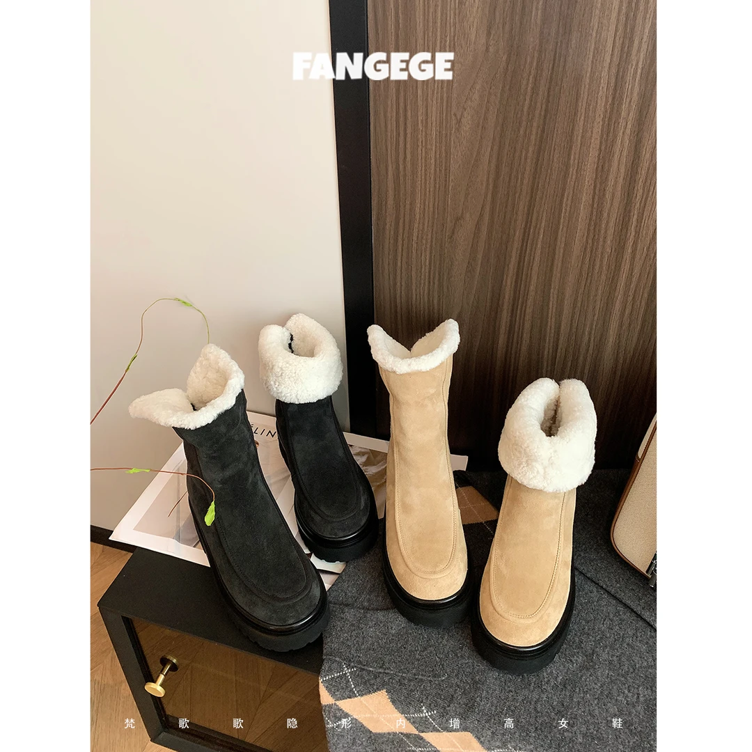 FANGEGE/梵歌歌 8.5cm两穿秋冬圆头皮毛一体棉鞋保暖中筒雪地靴