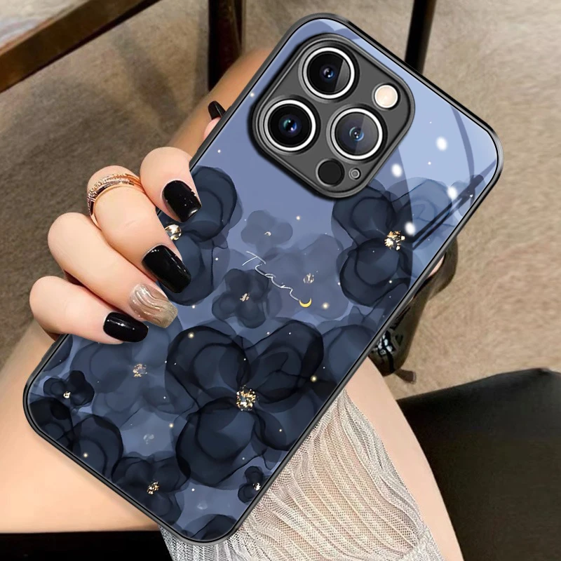 黑色花朵苹果17promax手机壳iphone16女新款苹果15个性14全包13