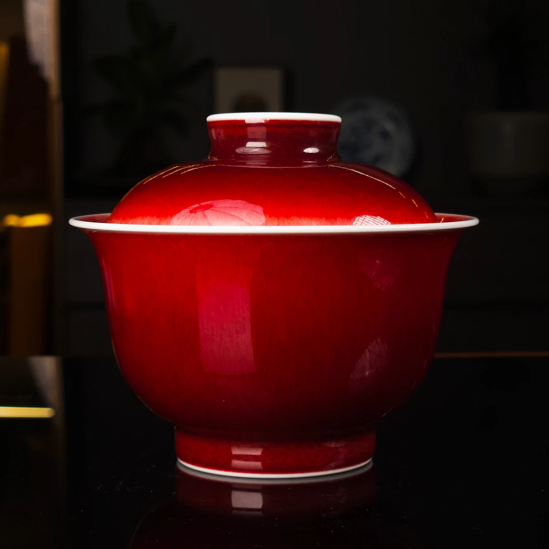 【景德镇原矿郎红盖碗】原矿釉纯手工绘盖碗