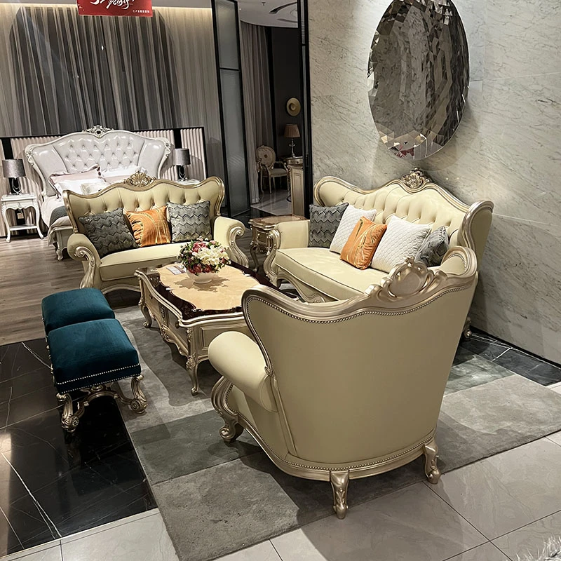 简约欧式实木真皮沙发组合法式宫廷别墅高端奢华美式小户型金箔色