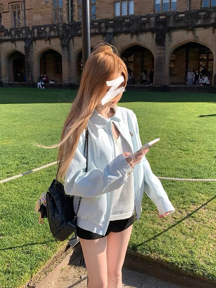 轻氧系 babyblue麻棉RL刺绣慵懒松弛感夹克外套韩系宽松开衫上衣