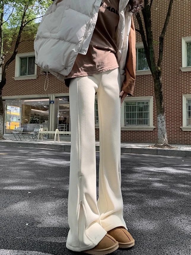 lulu窄版微喇叭裤子秋冬加绒保暖高腰拖地马蹄裤显瘦百搭拉链长裤