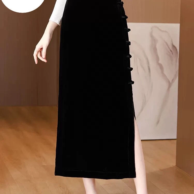 秋季新款丝绒开叉五扣裙
