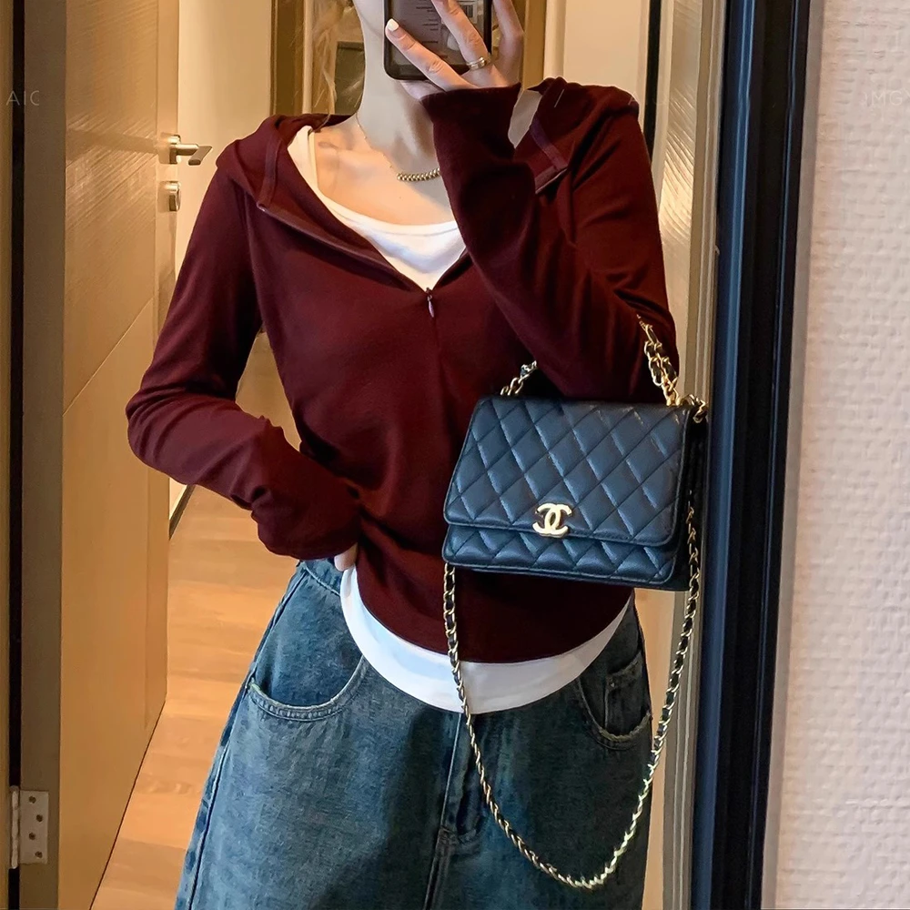 连帽假两件长袖卫衣t恤女春秋新款修身收腰显瘦棉质拉链帽衫上衣