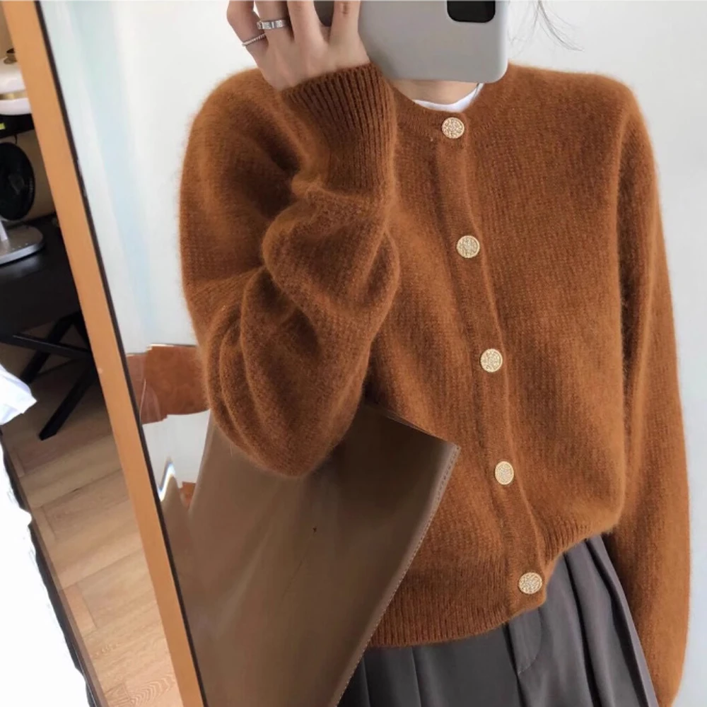 高级感超好看棕色圆领毛衣女秋冬新款针织开衫外套慵懒风软糯上衣