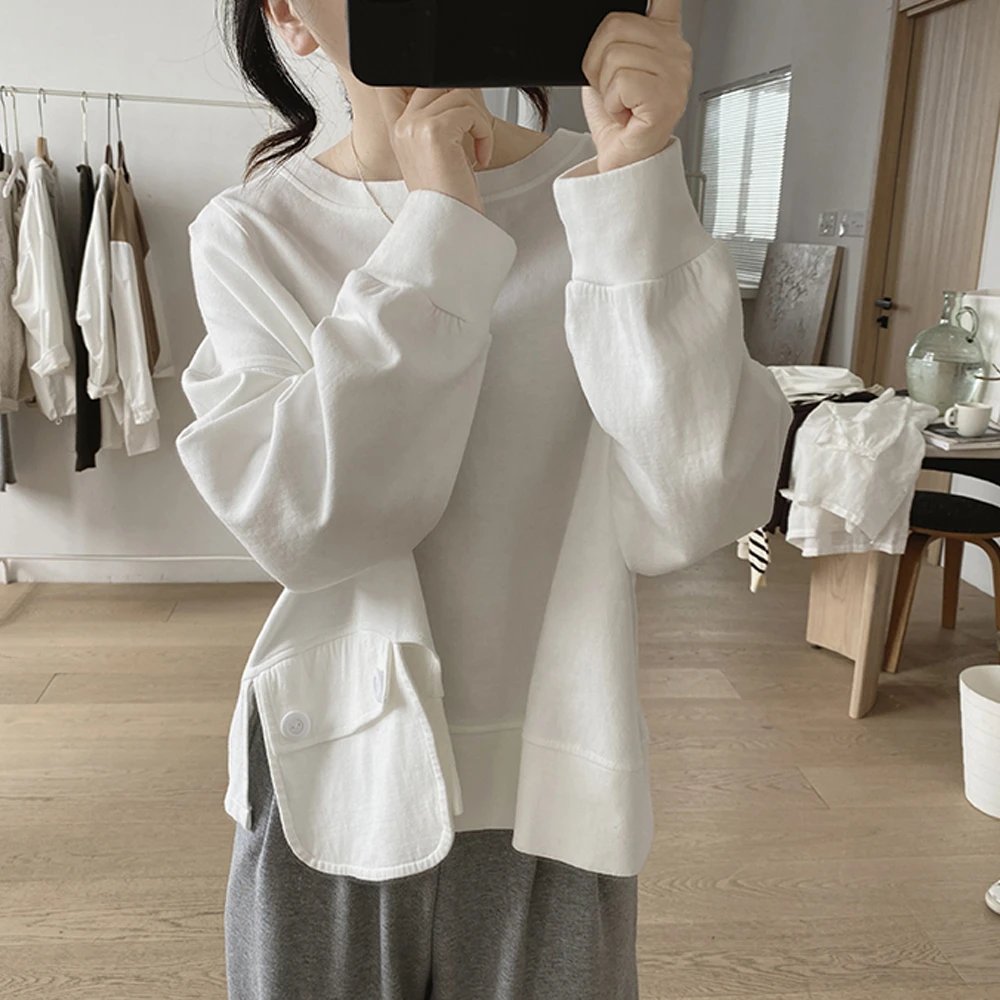 春秋新款口袋卫衣女宽松大码显瘦简约前短后长减龄韩版圆领上衣潮