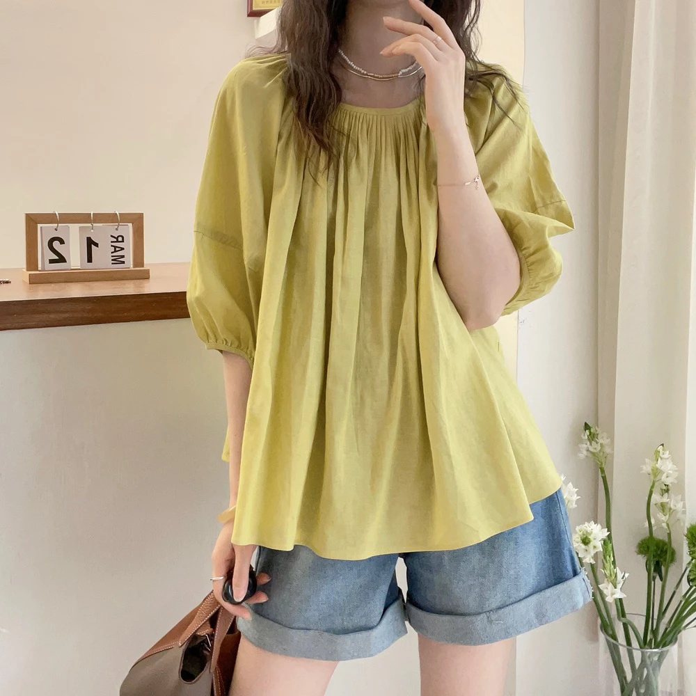 欧洲站2025夏装新款欧货圆领压褶泡泡袖棉麻衬衫女夏季韩范娃娃衫