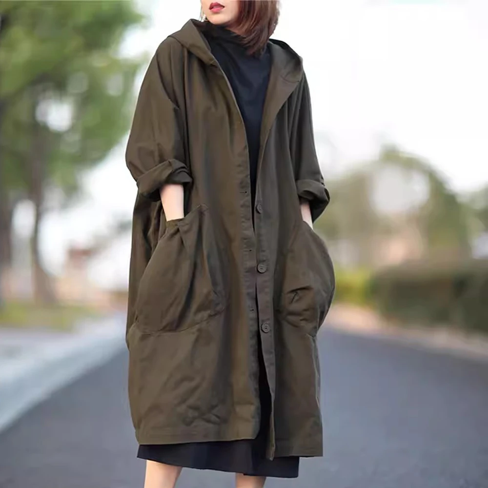连帽风衣女士春秋季新款中长款大衣工装外套复古大码纯棉过膝上衣