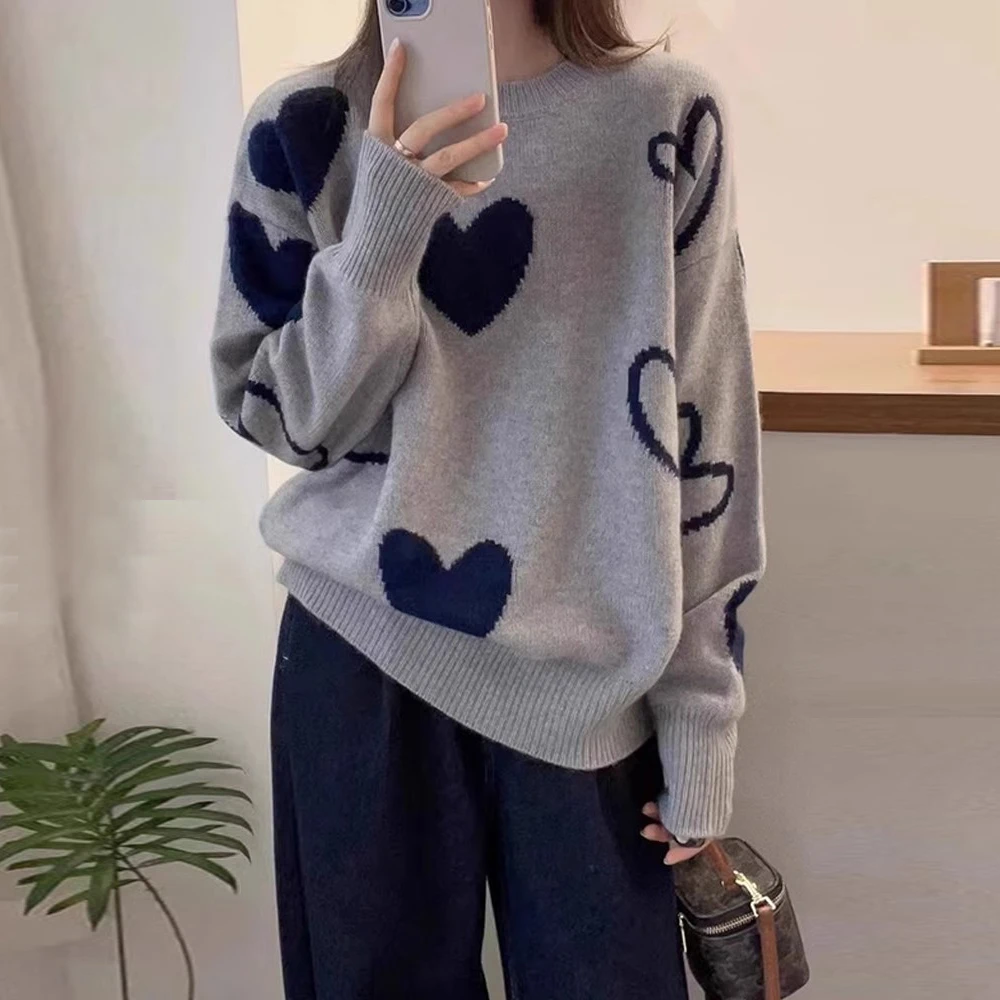 欧洲站慵懒风爱心提花针织衫女秋冬新款休闲百搭长袖毛衣气质上衣