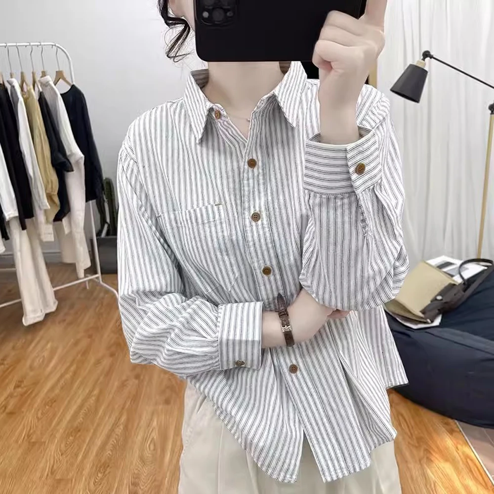 春秋装时尚纯棉条纹长袖衬衫女韩系百搭上衣新款polo领休闲衬衣潮