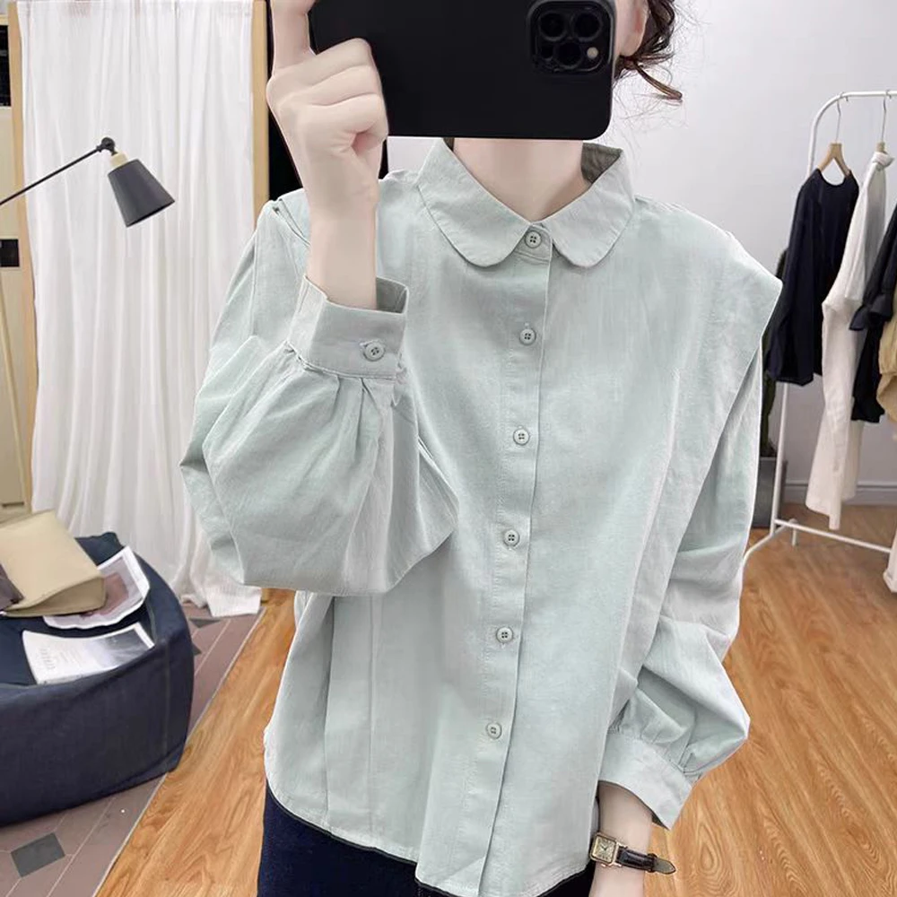 春秋新款韩系纯棉衬衣休闲打底白衬衫女爆款洋气娃娃领宽松上衣